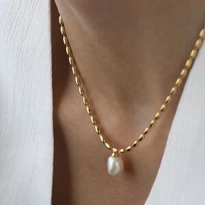 18K Gold Plated Real Freshwater Pearl Rice Beads Dainty Chian Choker Necklace